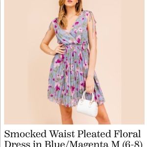 Gilli Medium Smocked Waist pleated Floral dress. Blue/Magenta